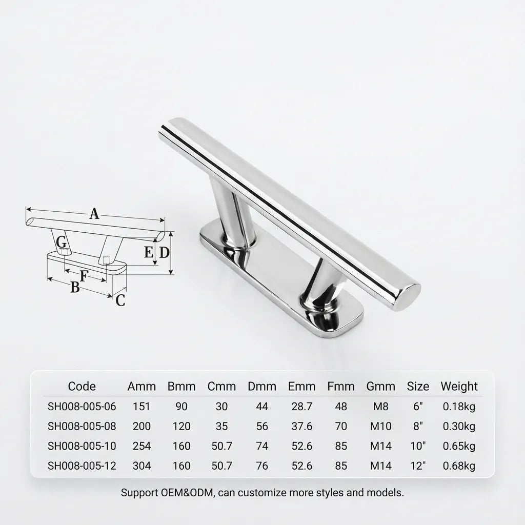 Technical diagram and size chart for SH008-005 series cleats ranging from 6 inch to 12 inch lengths including weight and bolt spacing.