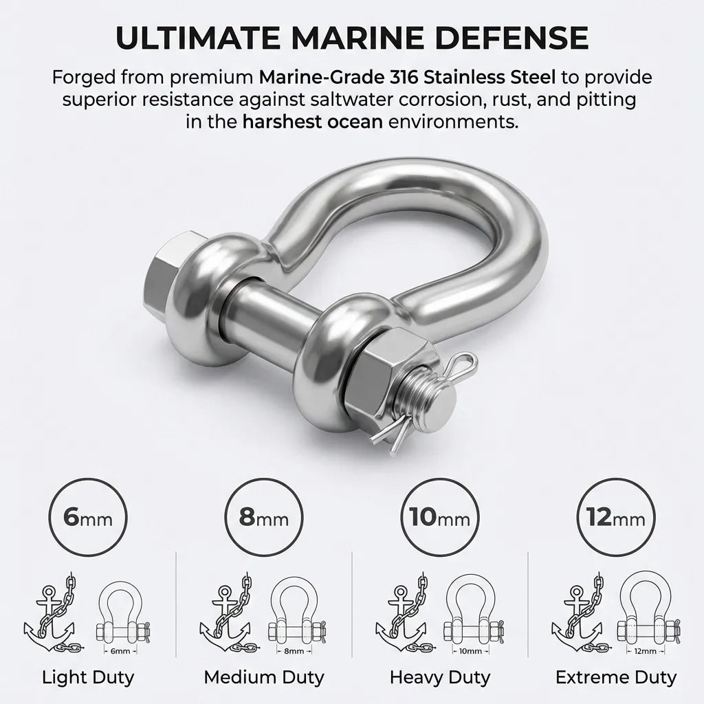 Infographic showing ultimate marine defense with 316 stainless steel resistance against saltwater and sizing from 6mm to 12mm.
