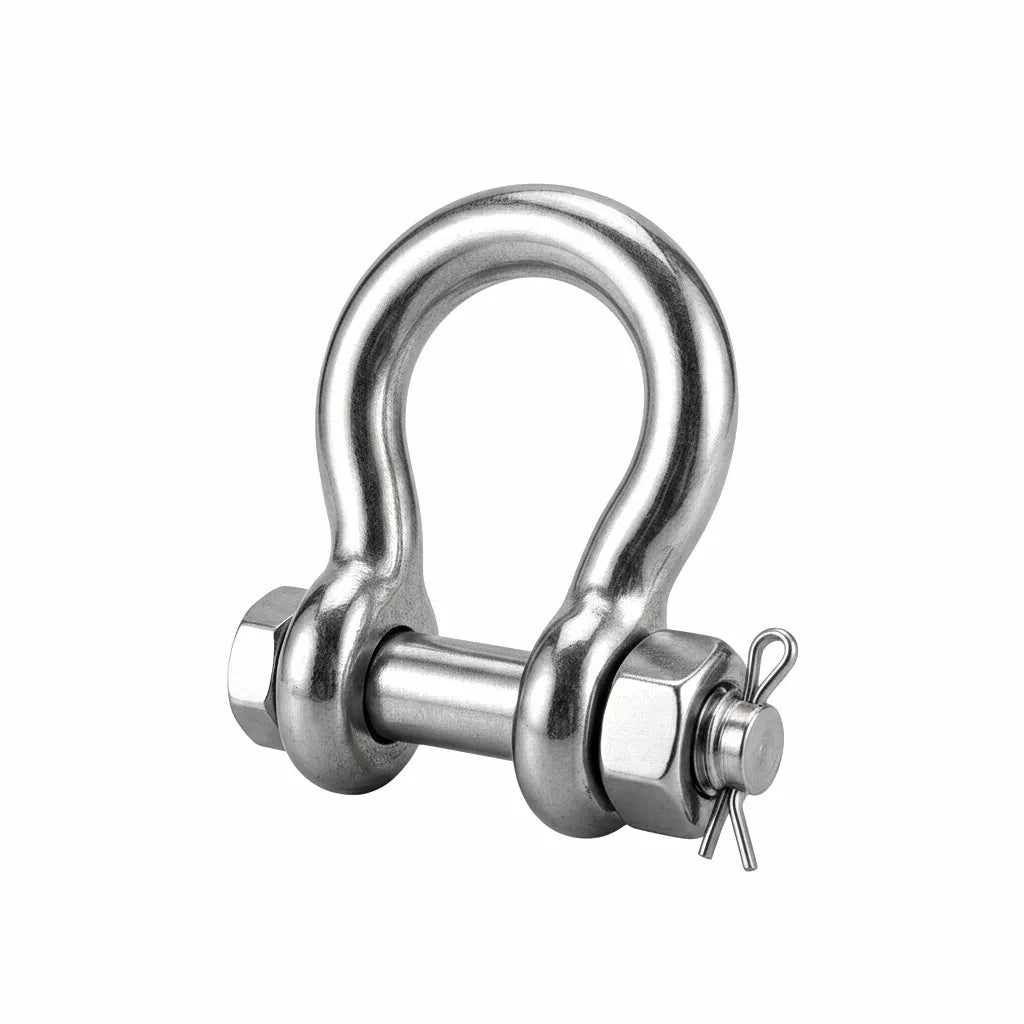 Mirror-polished 316 stainless steel bow shackle with heavy-duty safety bolt and cotter pin on a white background.