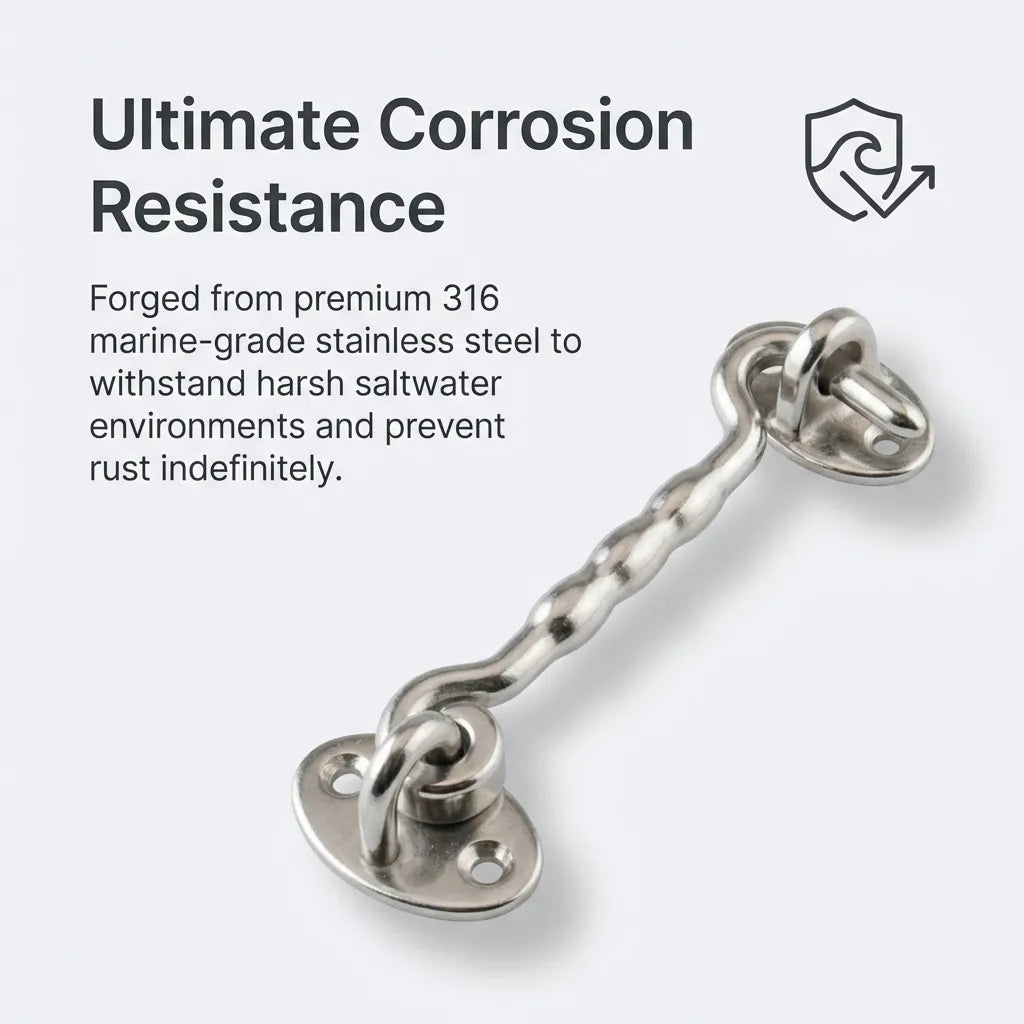 Visual callout highlighting the 316 marine-grade stainless steel forged construction designed to withstand harsh saltwater environments.