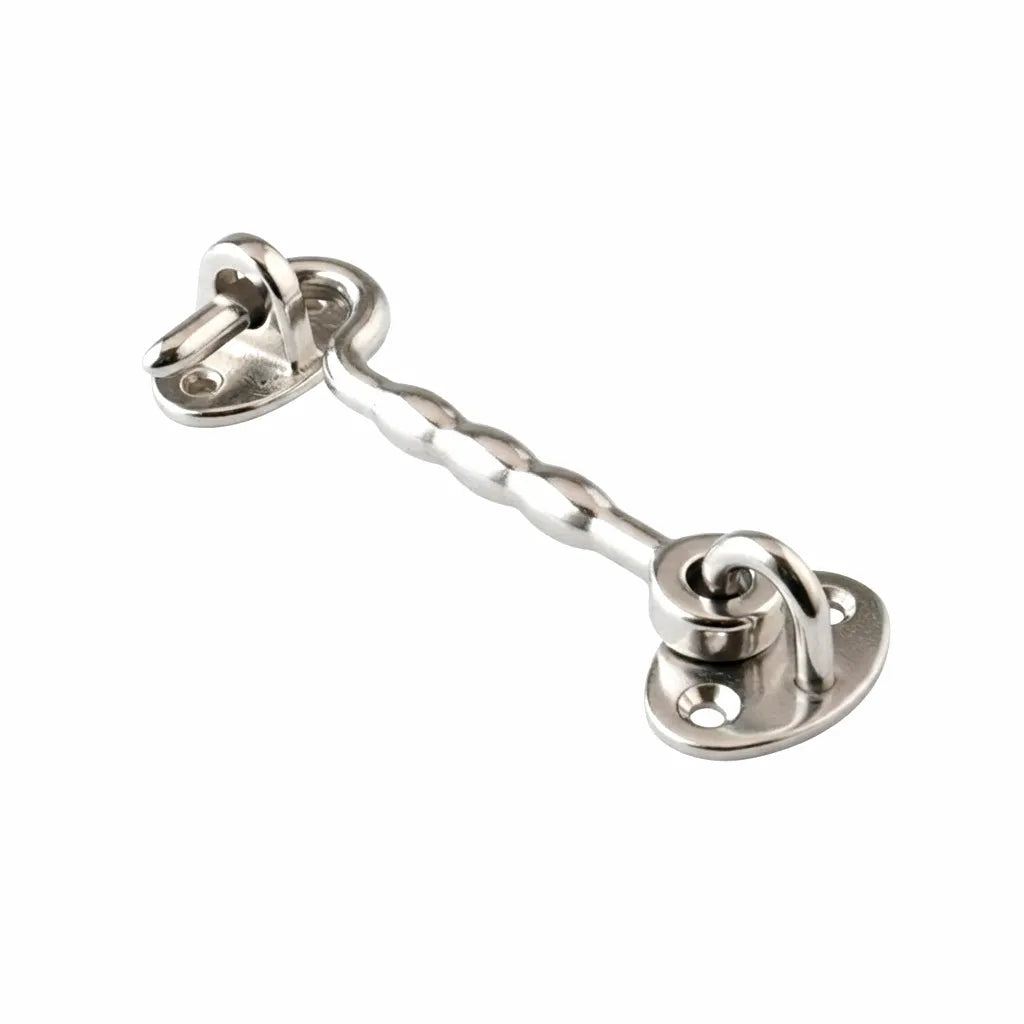 Mirror-polished 316 stainless steel cabin hook and eye latch shown on a white background, highlighting its high-grade marine construction and corrosion-resistant finish.