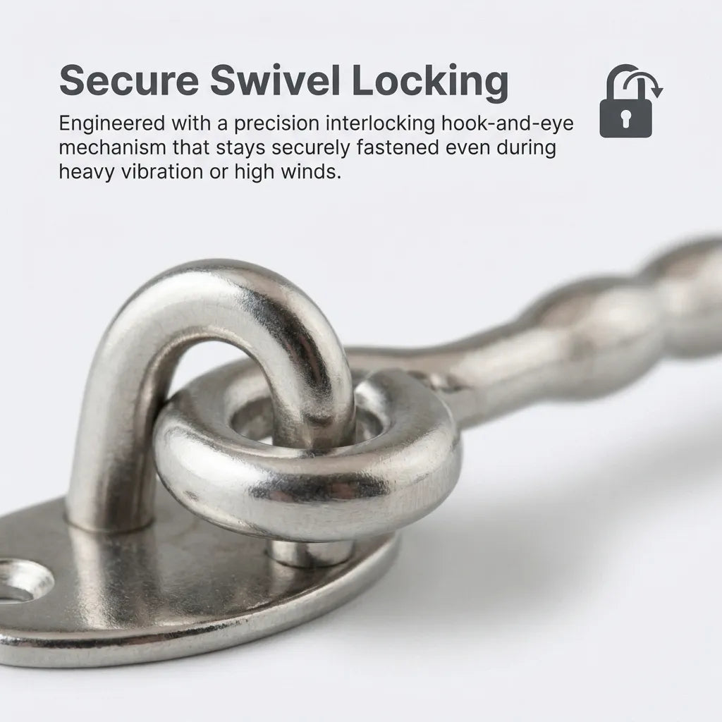 Extreme close-up of the precision interlocking hook-and-eye mechanism designed for rattle-proof secure swivel locking.