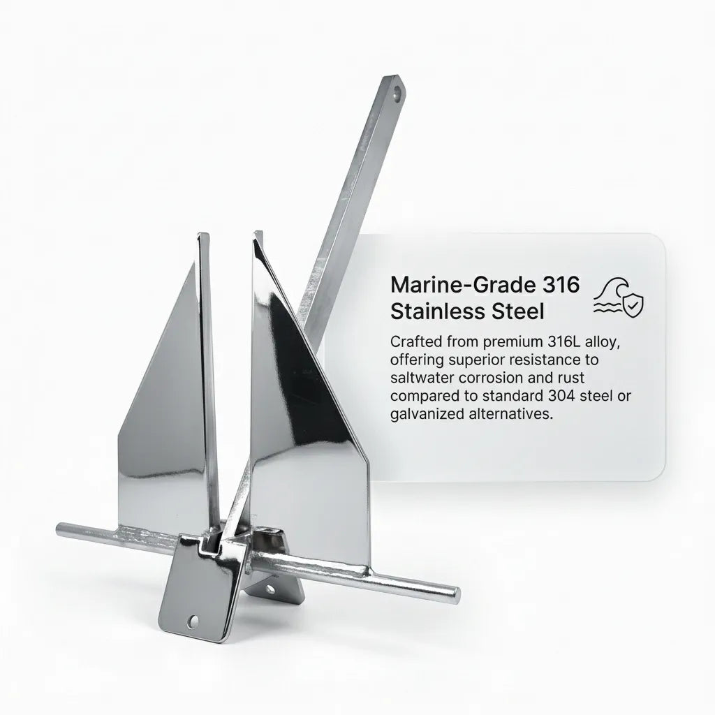 Infographic explaining the benefits of 316L marine alloy over standard 304 or galvanized steel for salt water corrosion resistance.