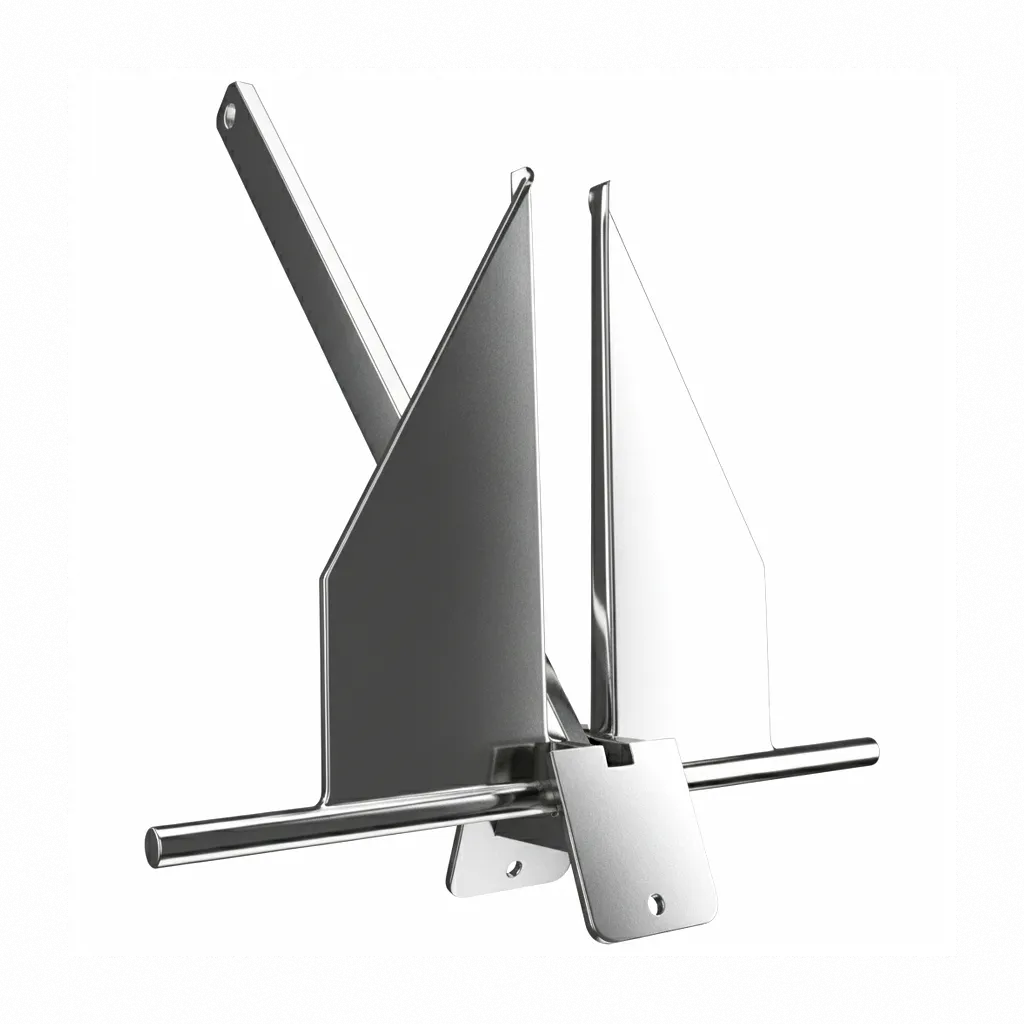 Hero shot of a 316 marine-grade stainless steel Danforth fluke anchor with mirror polish finish on a pure white background.