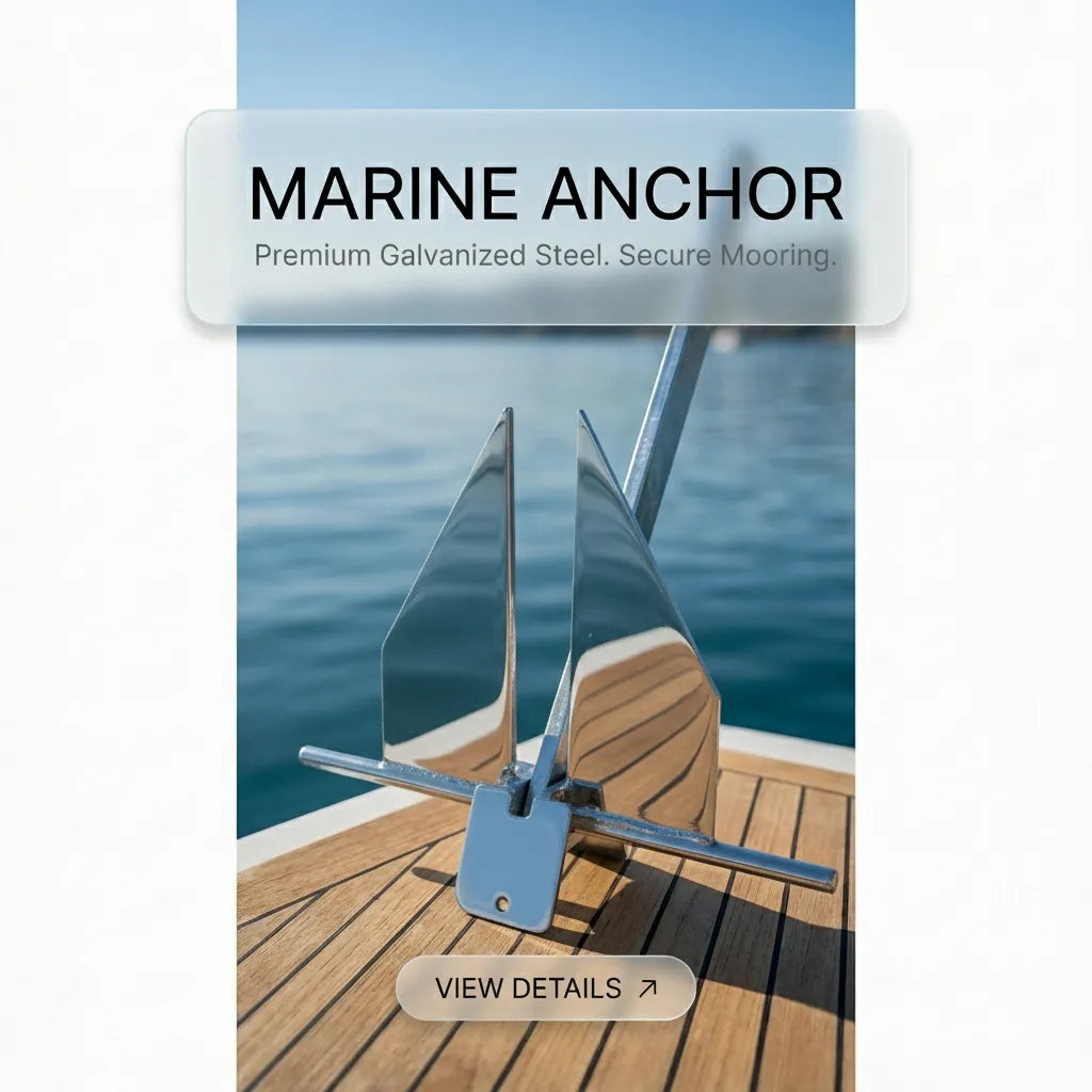 Mirror-polished Danforth anchor resting on a luxury teak wood boat deck with ocean water background.