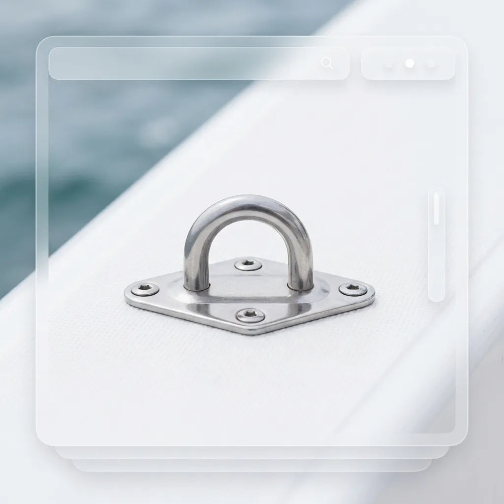Flush-mounted 316 stainless steel eye plate installed on a white fiberglass boat deck gunwale.