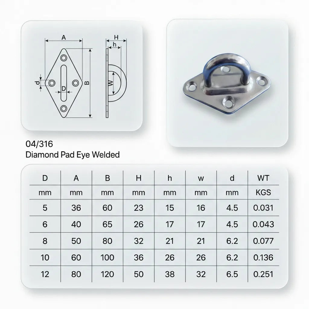 Technical dimension chart for diamond pad eye sizes M5, M6, M8, M10, and M12 showing length, width, and weight.