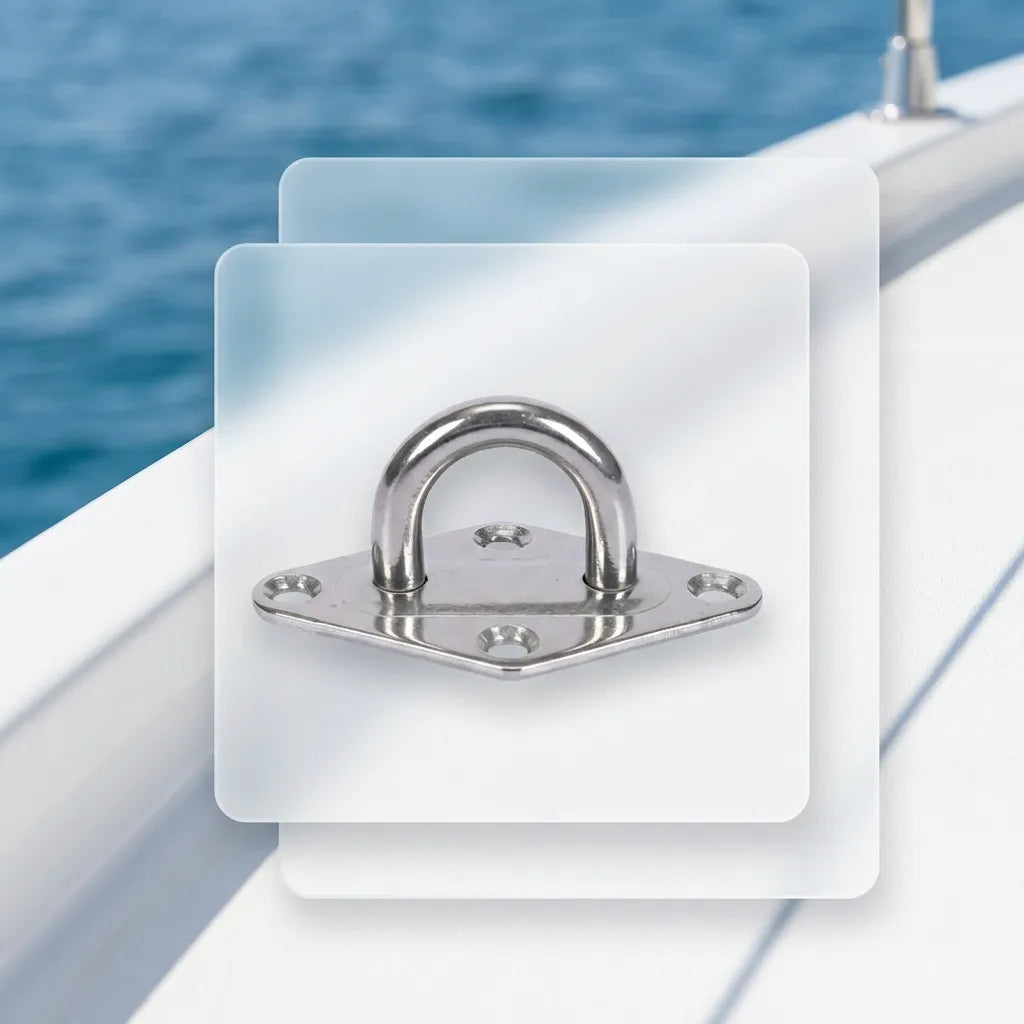 Diamond pad eye anchor point secured to a marine vessel surface overlooking blue ocean water.
