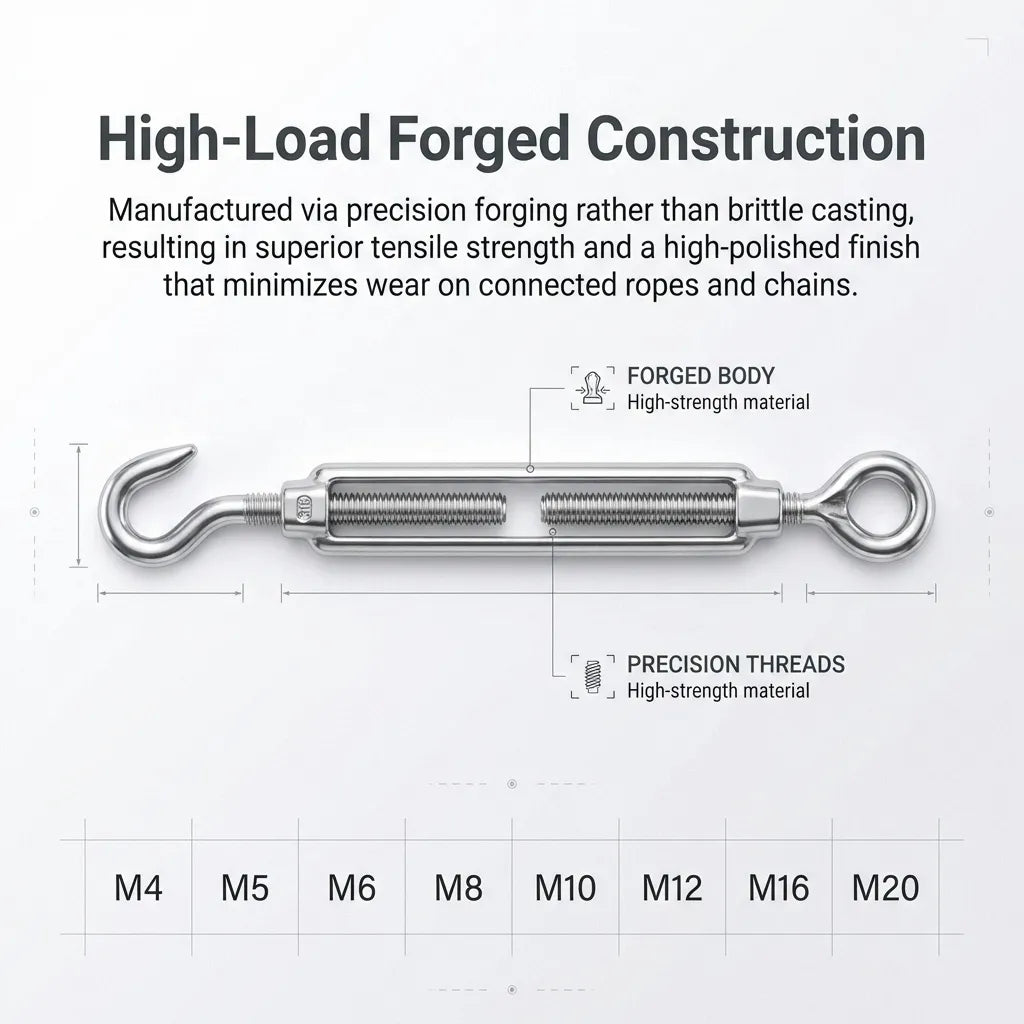 Diagram showing the difference between brittle casting and high-strength forged construction in marine hardware.