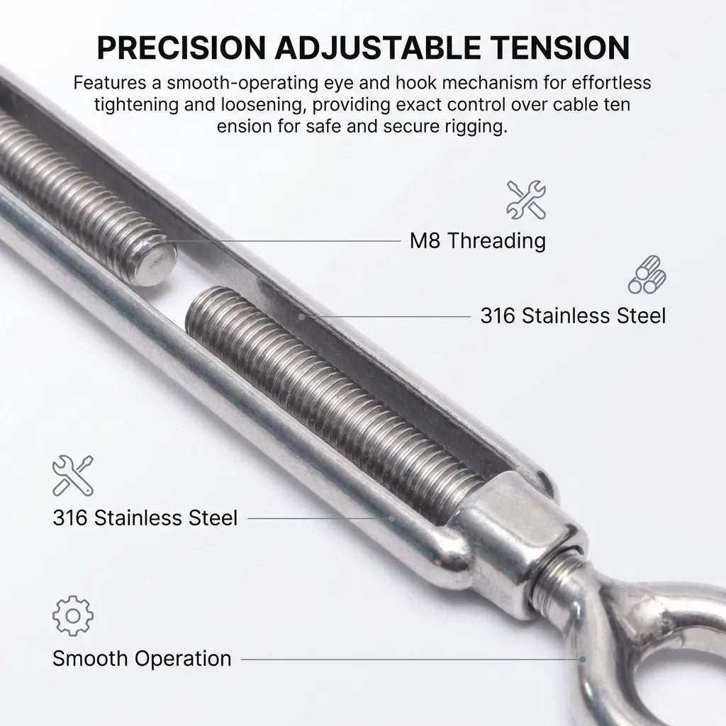 Extreme close-up of M8 precision threading on a turnbuckle body demonstrating smooth-operating eye and hook mechanisms.