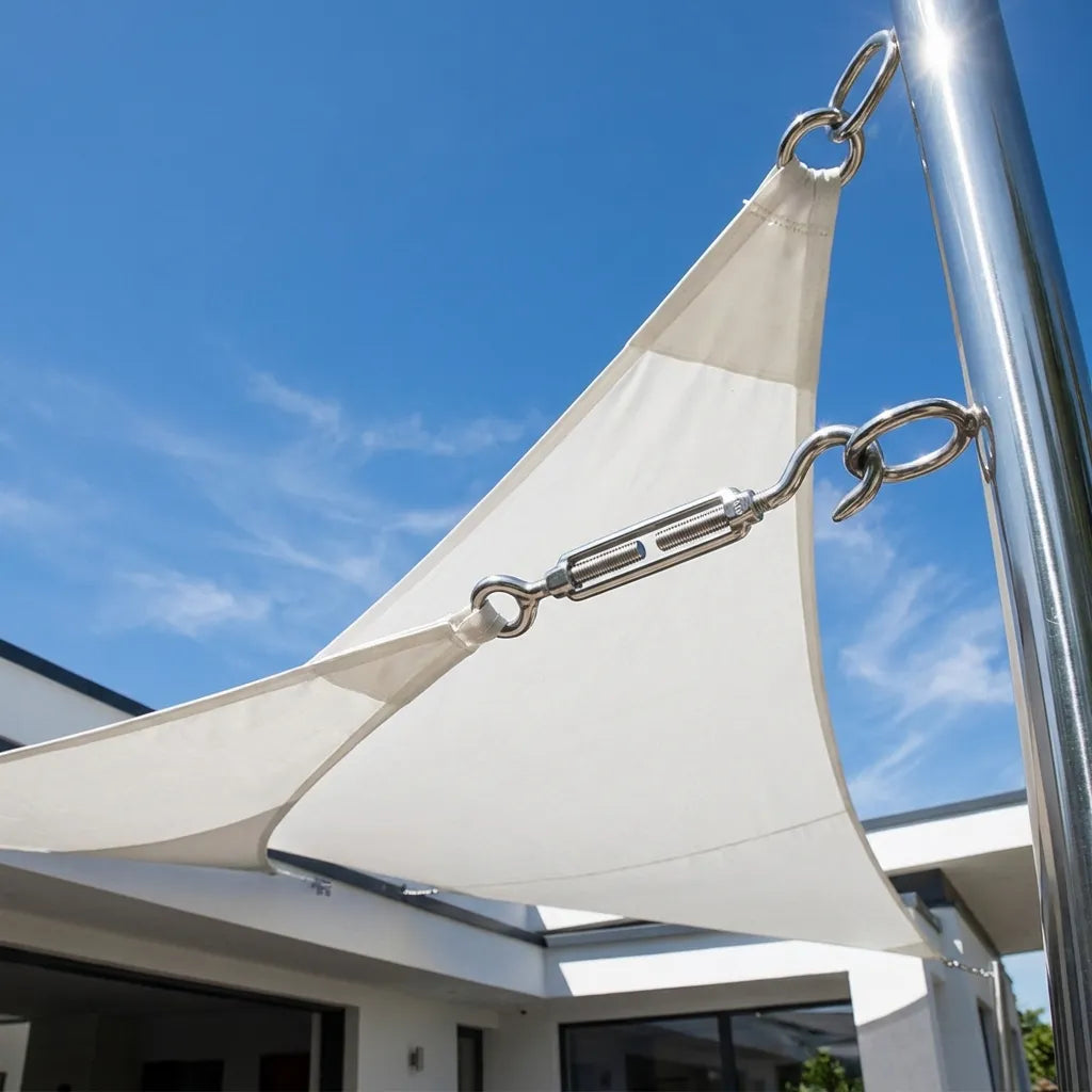 Professional installation of a 316 marine-grade turnbuckle securing a white outdoor shade sail to a polished steel pillar.