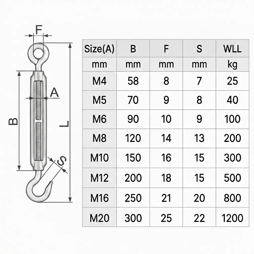 Comprehensive dimension table and Working Load Limit (WLL) chart for turnbuckle sizes M4 through M20.