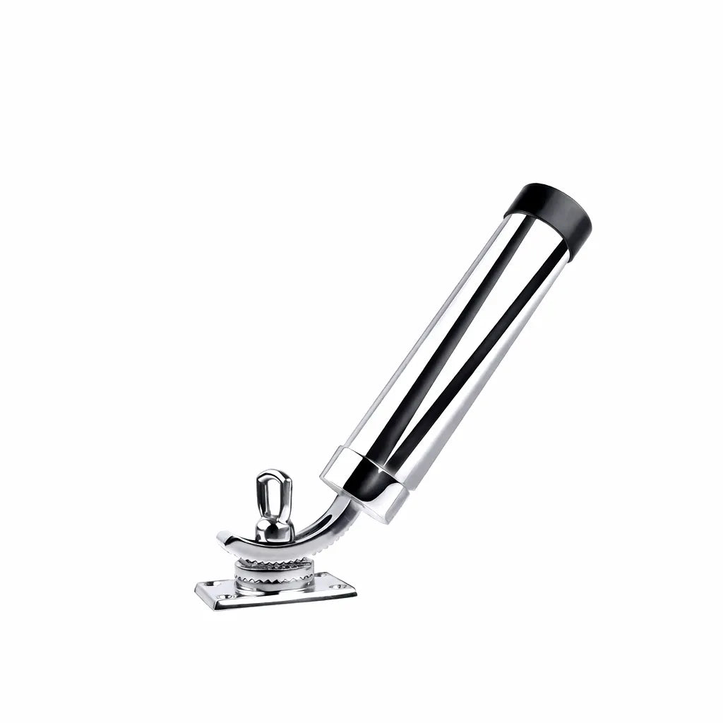 Mirror-polished 316 stainless steel fishing rod holder, 360-degree rotating boat and yacht mount with sturdy base and black protective cap, displayed on a white background.