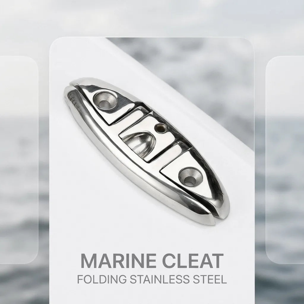 Close-up of a retractable marine cleat installed on a white fiberglass boat deck, illustrating its low-profile flush-mount profile in the folded position.