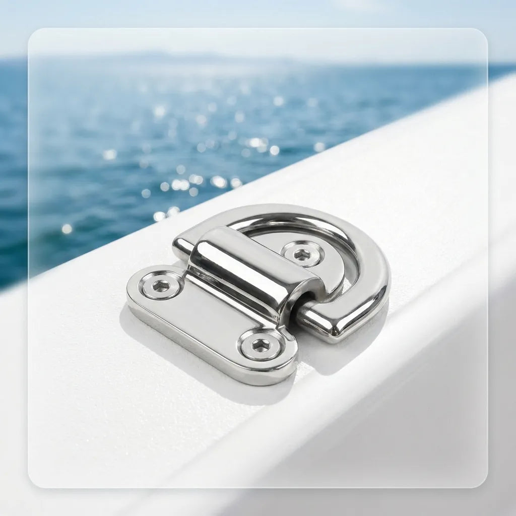 Flush-mounted stainless steel folding pad eye installed on a white yacht gunwale overlooking the ocean.