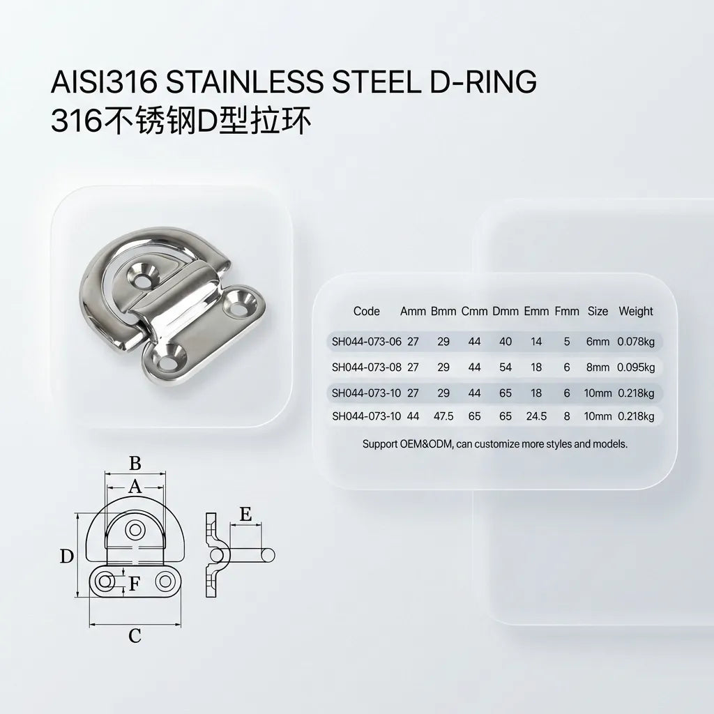 OCR MODE: Technical blueprint and sizing chart for SH044 series D-rings showing weights from 0.078kg to 0.218kg.