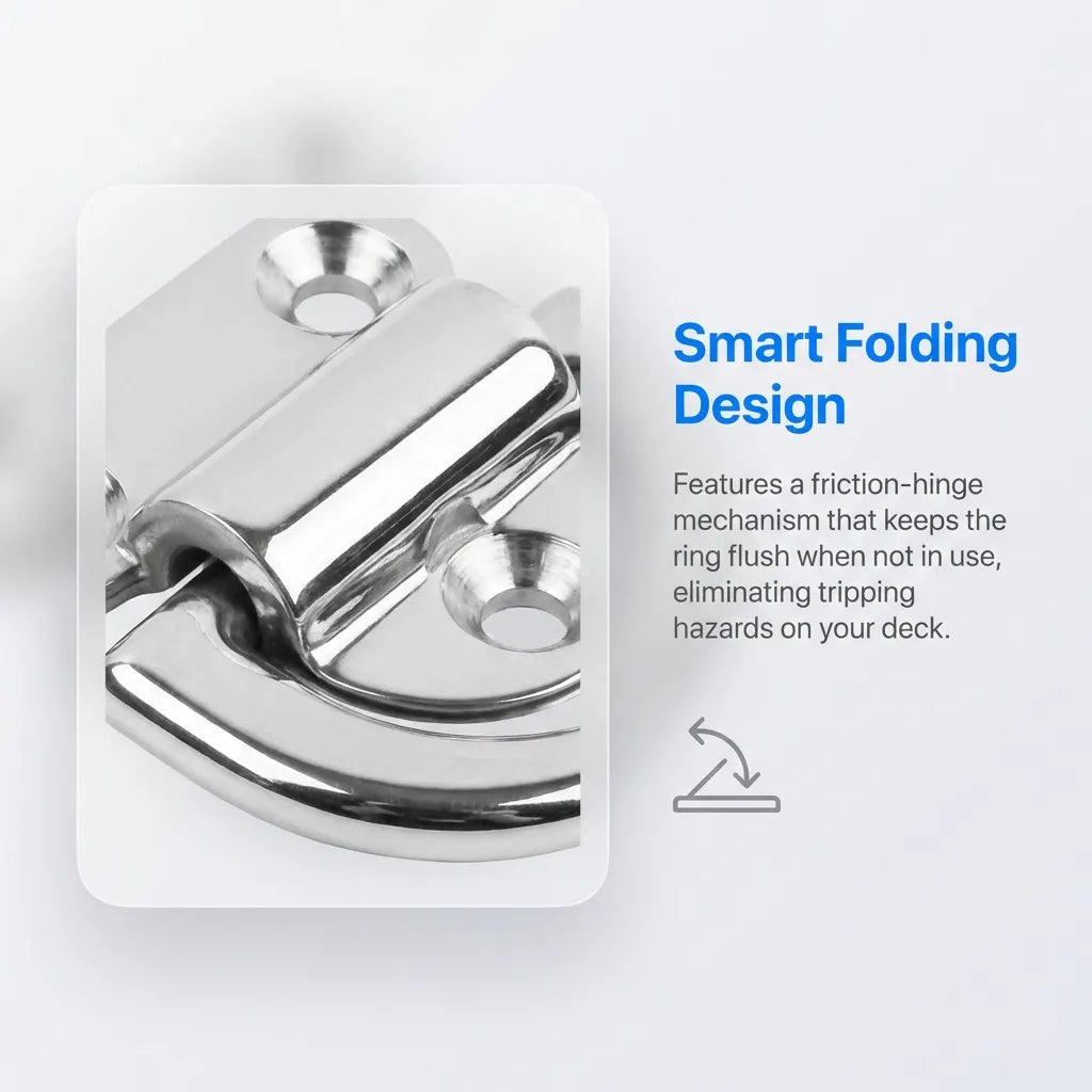 Close-up of the smart friction-hinge mechanism that prevents the ring from rattling and eliminates tripping hazards.