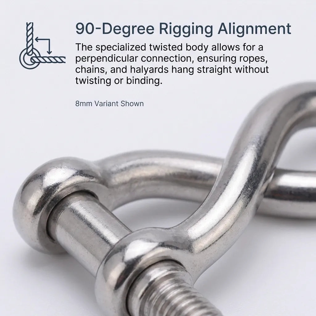 Close-up detail of the 90-degree twisted body design that ensures perpendicular rigging alignment for ropes and chains.