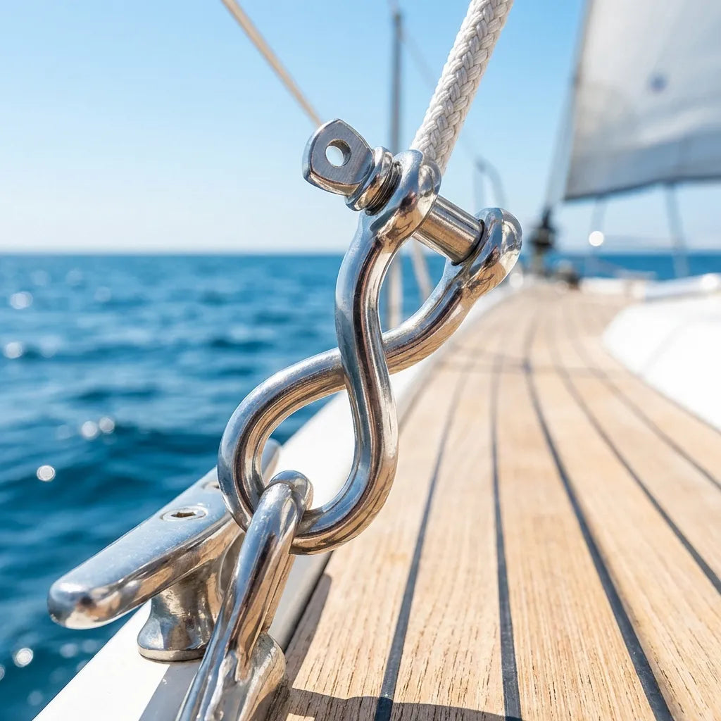 Twisted shackle mounted on a yacht deck cleat under sunny outdoor marine conditions, demonstrating 90-degree alignment.