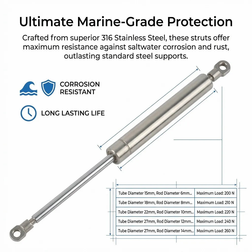 Diagram showing the corrosion-resistant properties and long-lasting life of the 316 stainless steel struts with a load capacity table.