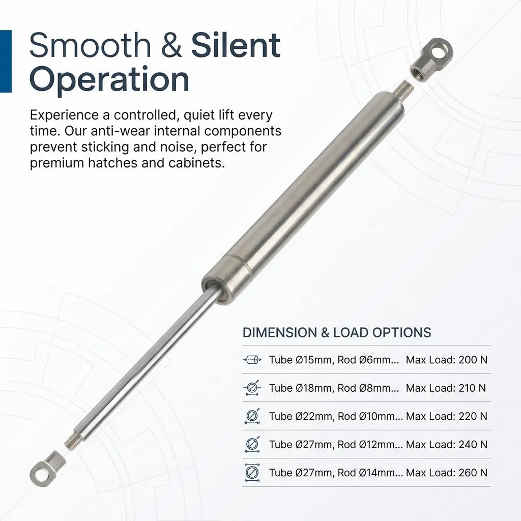 Graphic illustrating the smooth and silent operation of the internal hydraulic components designed for premium cabinets and boat hatches.