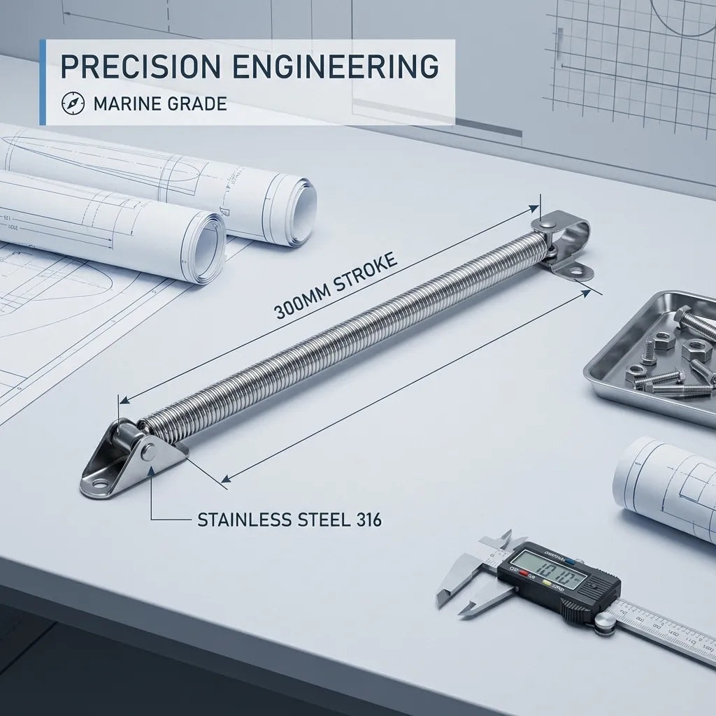 316 stainless steel spring strut on an engineering workbench with blueprints and digital calipers showing a 300mm stroke length.