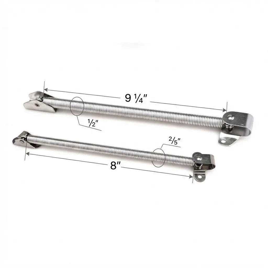 Technical specification chart showing 9 1/4 inch (1/2 inch diameter) and 8 inch (2/5 inch diameter) stainless steel spring strut options.