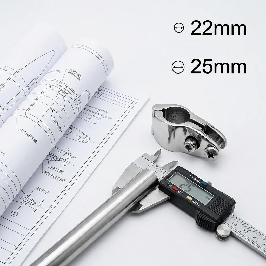 Digital caliper measuring 25mm tubing next to marine engineering blueprints, highlighting precision manufacturing standards.