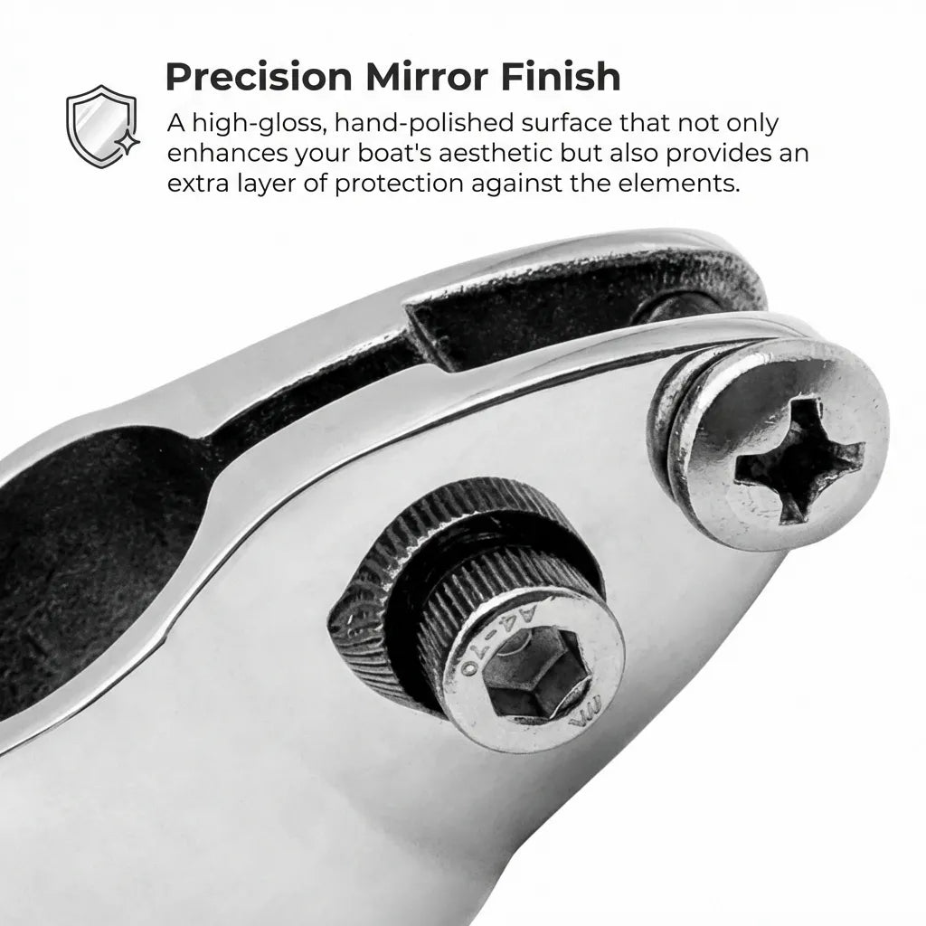 Close-up detail of the precision mirror finish and A4-70 grade stainless steel hex screw on the jaw slide fitting.