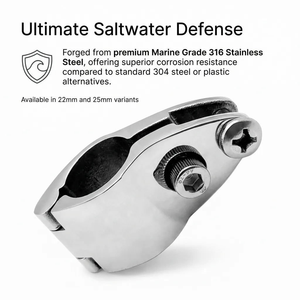 Infographic explaining the ultimate saltwater defense provided by premium marine-grade 316 stainless steel vs standard 304 steel.