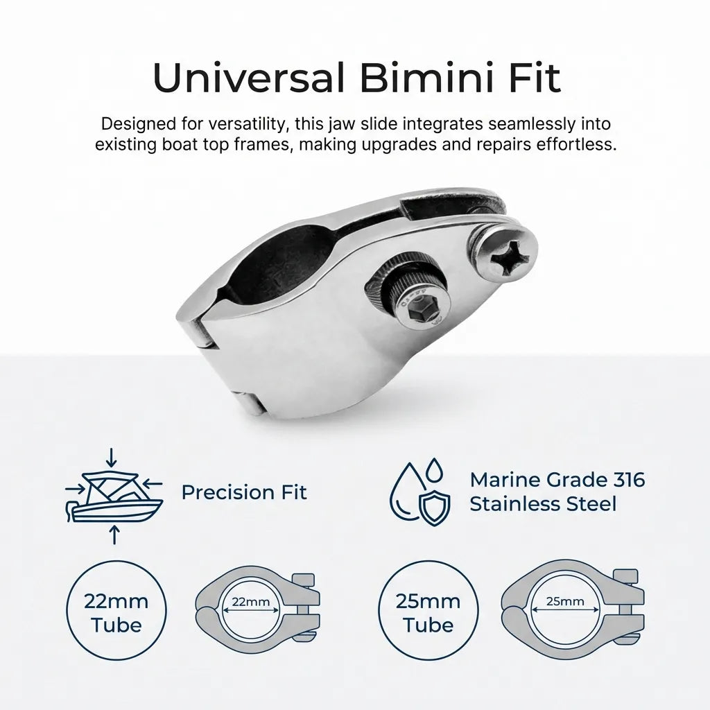 Universal Bimini top fit guide showing compatibility diagrams for 22mm and 25mm boat rail tube frames.