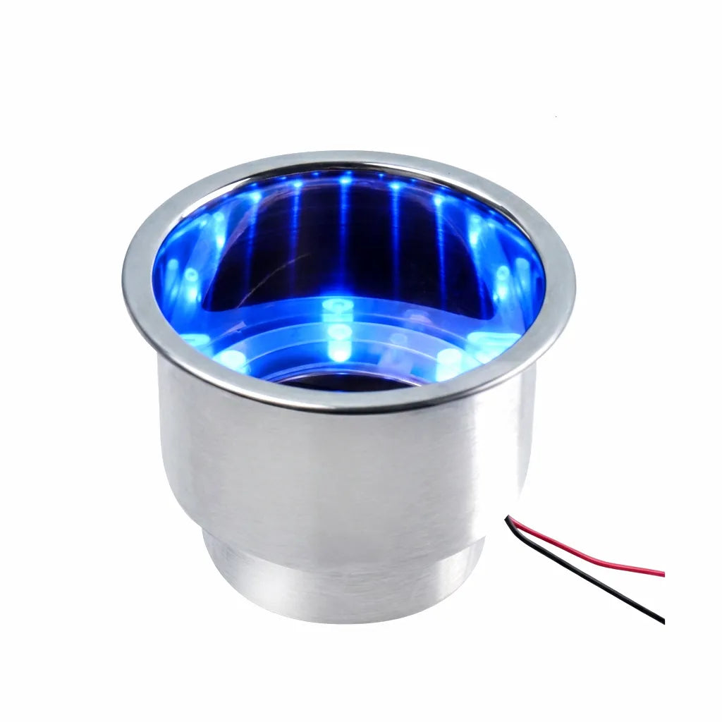 High-angle hero shot of a 316 marine-grade stainless steel cup holder featuring an integrated 8-LED blue lighting ring on a pure white background with 12V wiring visible.