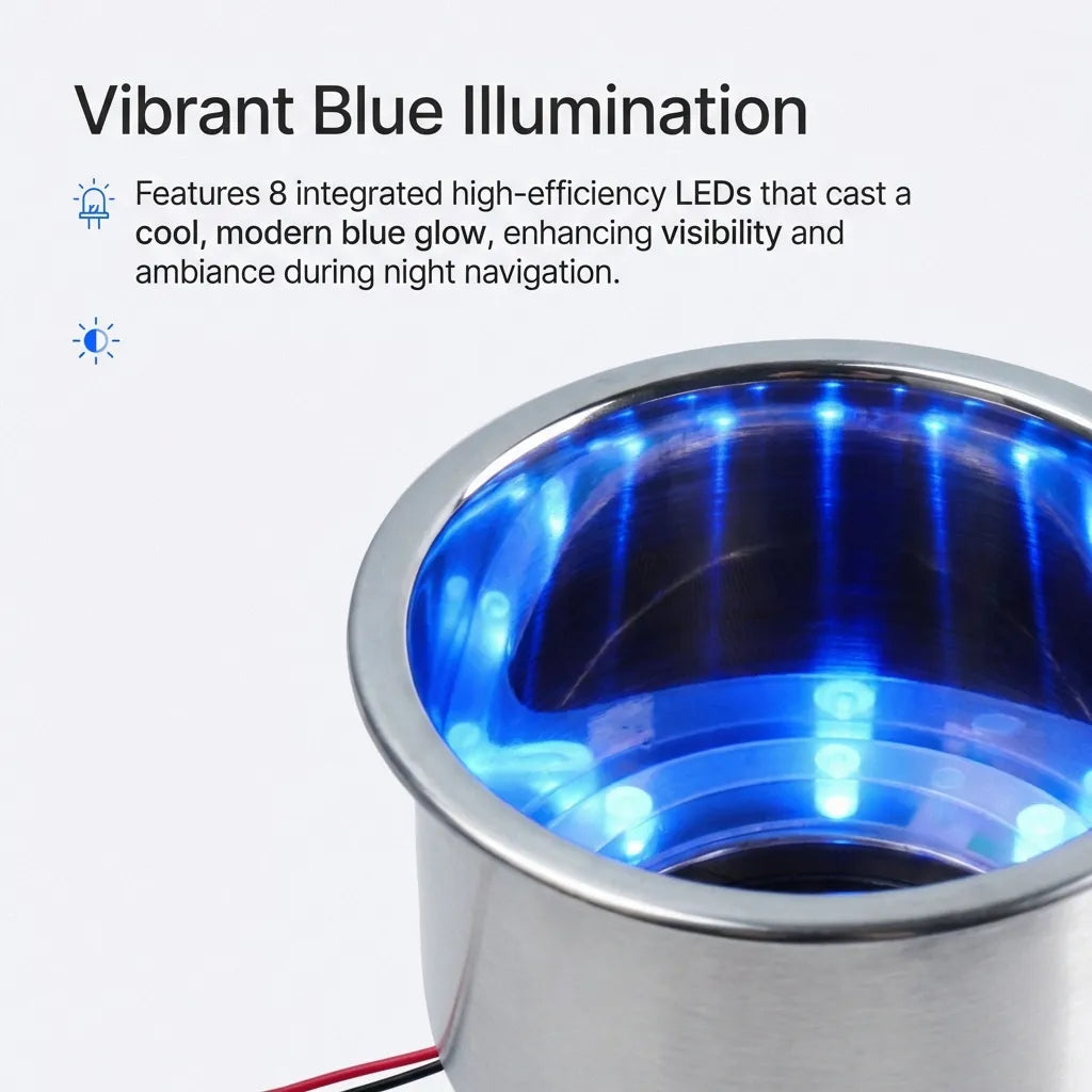 Technical detail shot showing 8 integrated high-efficiency blue LEDs providing ambient glow and visibility for boat cockpits.