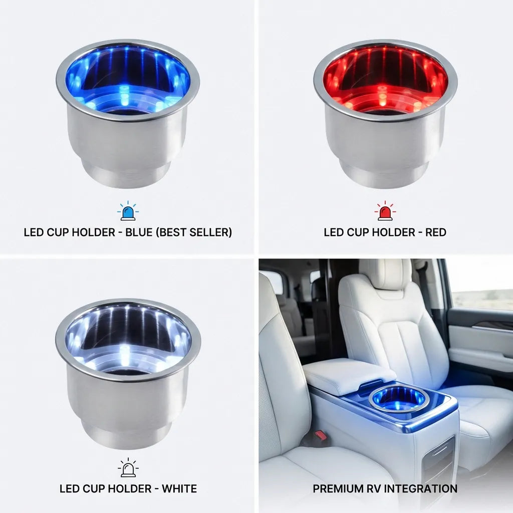 Quad-panel montage showing blue, red, and white LED cup holder variants alongside a premium RV interior integration in a leather armrest.