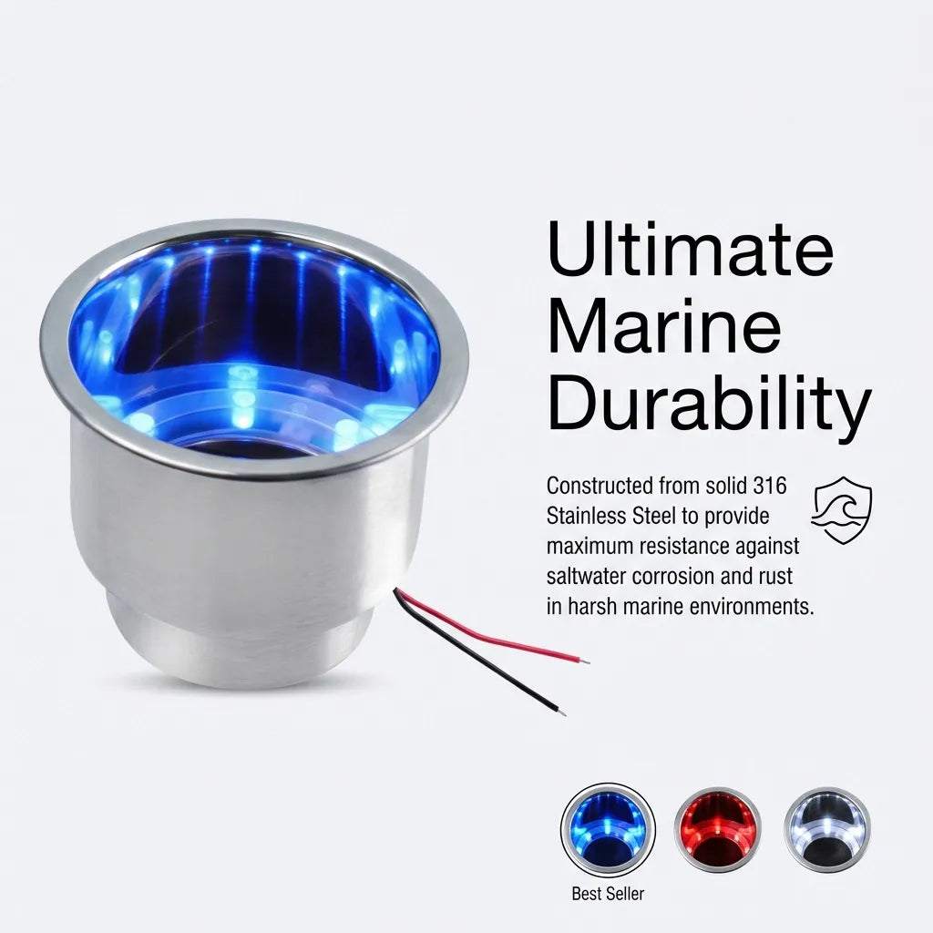 Close-up detail infographic highlighting the solid 316 stainless steel construction for maximum saltwater corrosion and rust resistance in harsh marine environments.