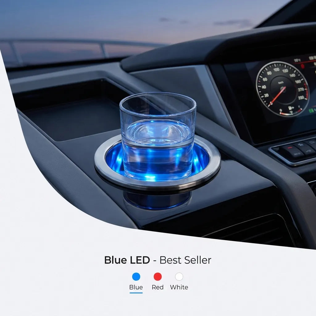 Lifestyle view of the blue LED stainless steel cup holder installed in a modern yacht console dashboard holding a glass of water during night navigation.