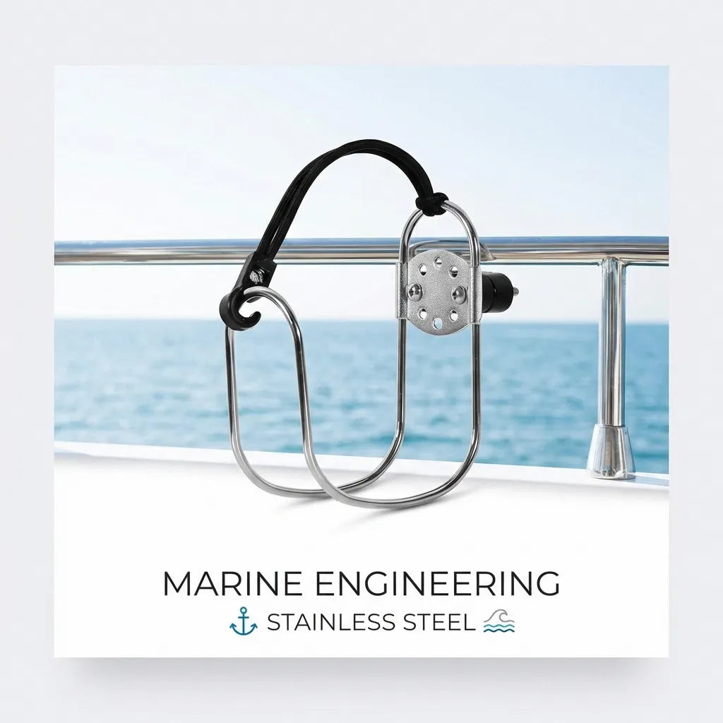 Close-up of the stainless steel life ring holder mounted securely to a yacht's stainless steel railing overlooking the ocean.