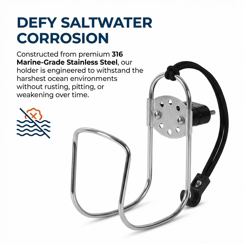 Infographic highlighting the 316 marine-grade stainless steel construction designed to resist pitting and rusting in saltwater.