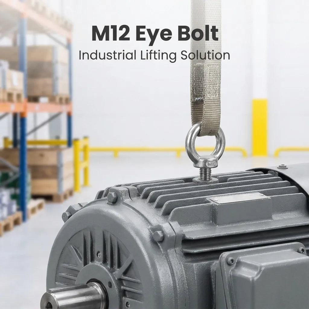 Industrial application showing an M12 eye bolt used for lifting a heavy grey electric motor with a synthetic sling in a warehouse setting.