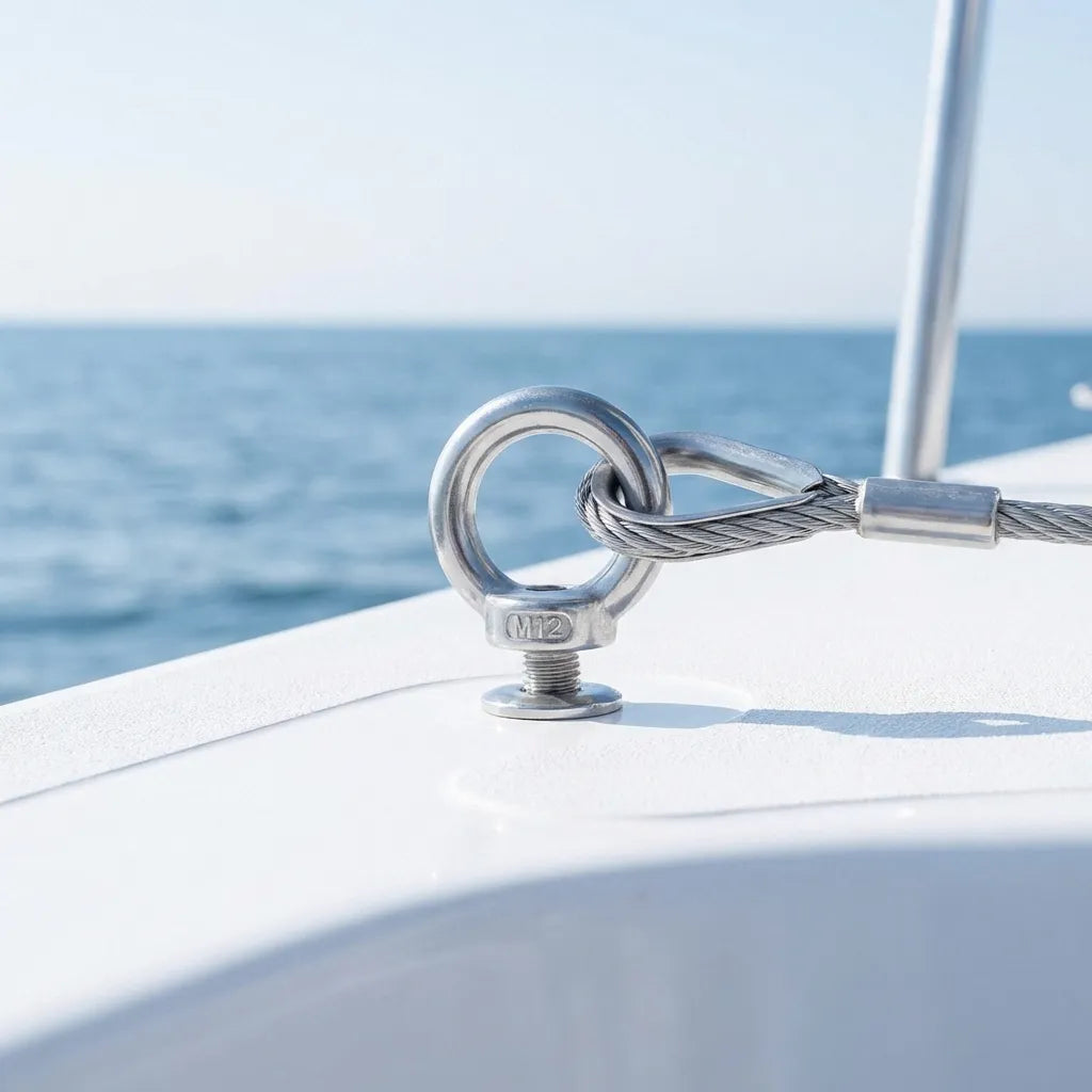 Marine application of an M12 316 stainless steel eye bolt mounted on a white boat deck securing a wire rope thimble and cable.
