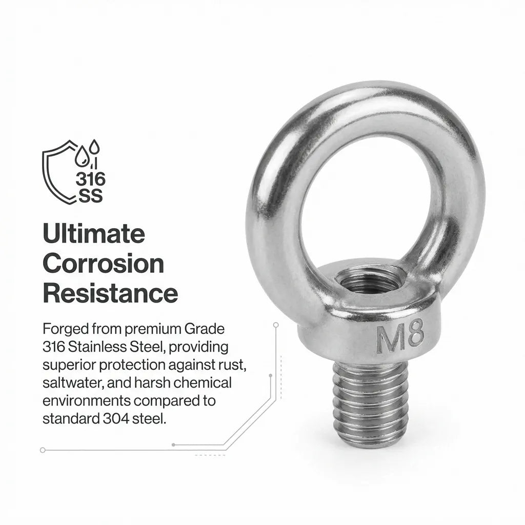 Technical infographic highlighting ultimate corrosion resistance of 316 Stainless Steel vs 304, featuring an M8 eye bolt and nut assembly.