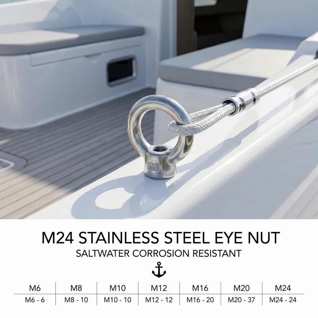 An M24 stainless steel eye nut installed on a boat deck securing a braided marine rope for saltwater rigging.