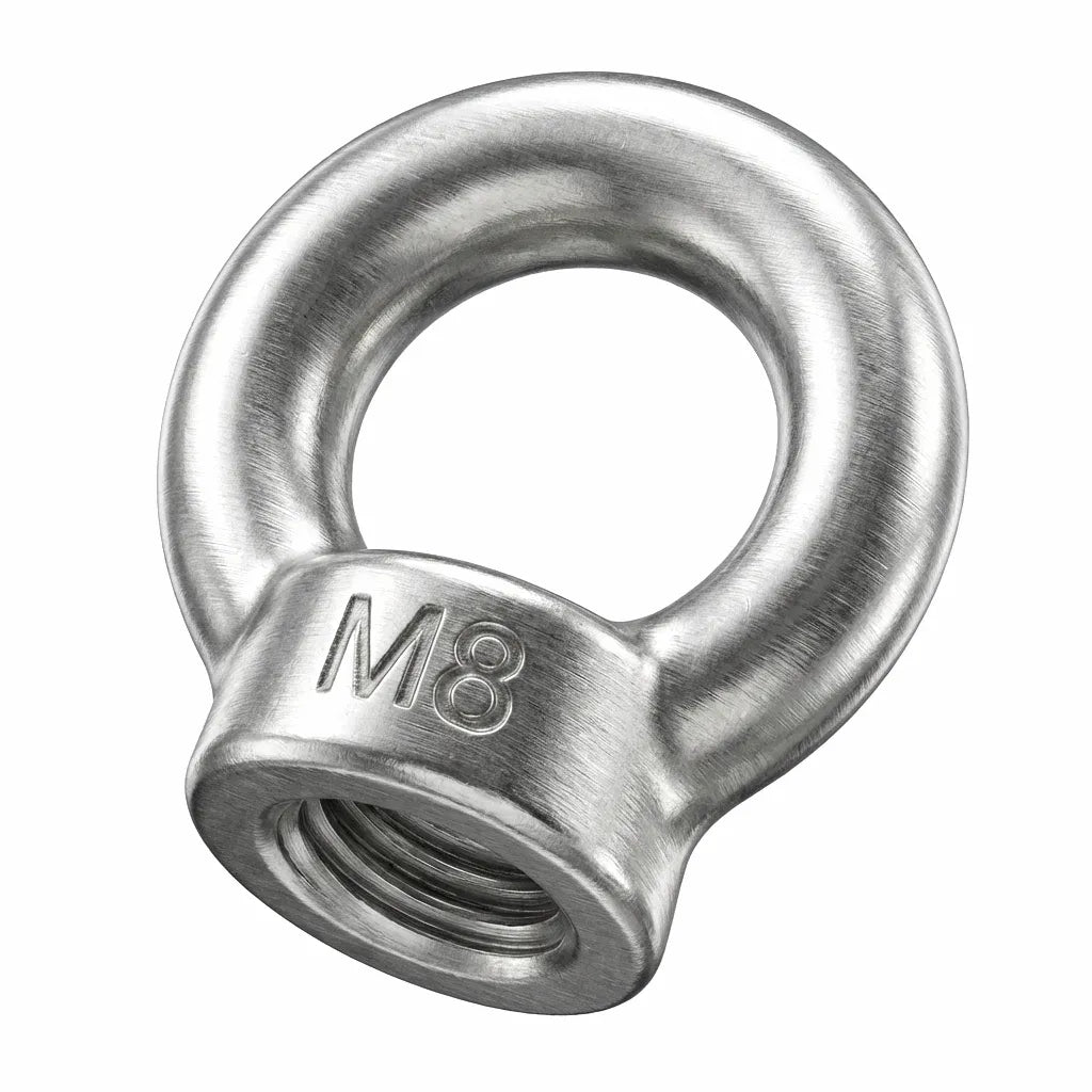 Close-up hero shot of a M8 Marine-Grade 316 Stainless Steel lifting eye nut with mirror-polished finish and precision internal threading on a white background.
