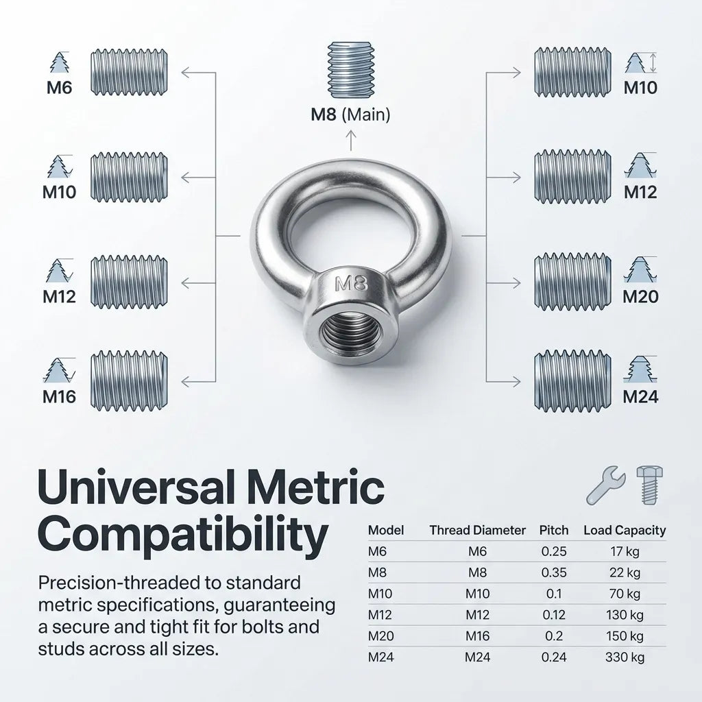 Universal metric compatibility chart for eye nuts showing thread diameters from M6 to M24 with corresponding load capacities.