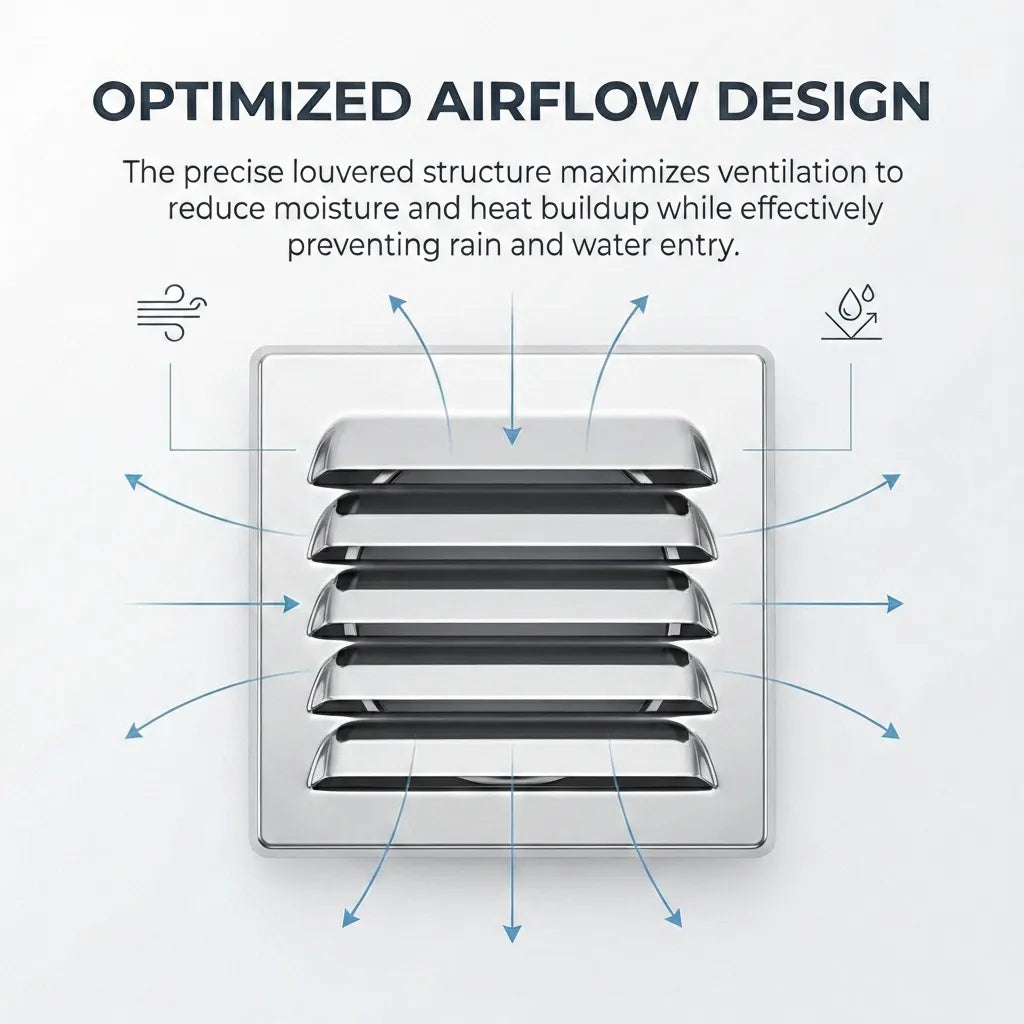 Graphic illustrating the optimized airflow design that maximizes ventilation while blocking rain and water entry.