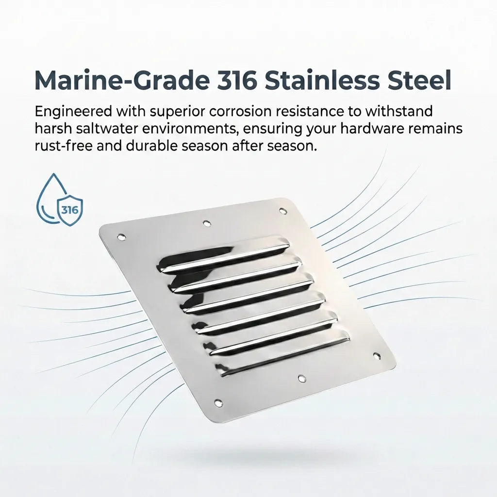 Infographic highlighting the marine-grade 316 stainless steel material with superior corrosion resistance for saltwater environments.