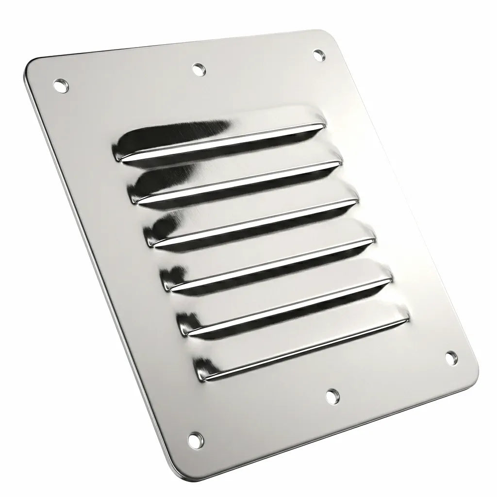 A rectangular 316 stainless steel louvered boat vent with six slats and four mounting holes, displayed on a clean white background.