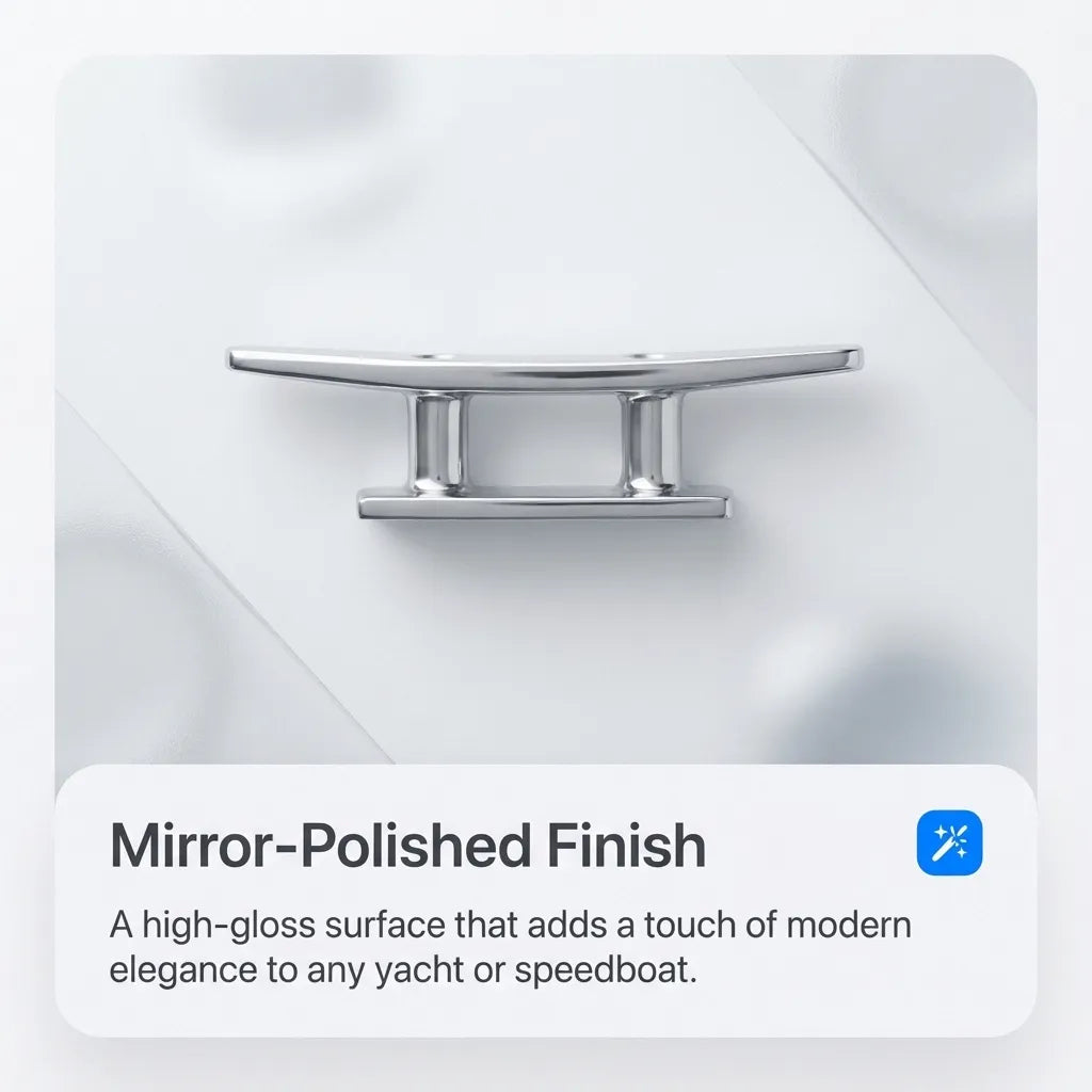 Macro detail of the high-gloss mirror-polished surface finish on the marine-grade stainless steel cleat.