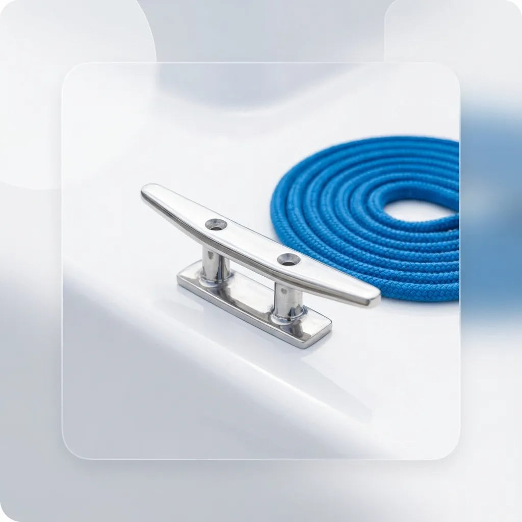 Mirror-polished boat cleat installed on a white yacht deck with a coiled blue nylon dock line, demonstrating low-profile safety.