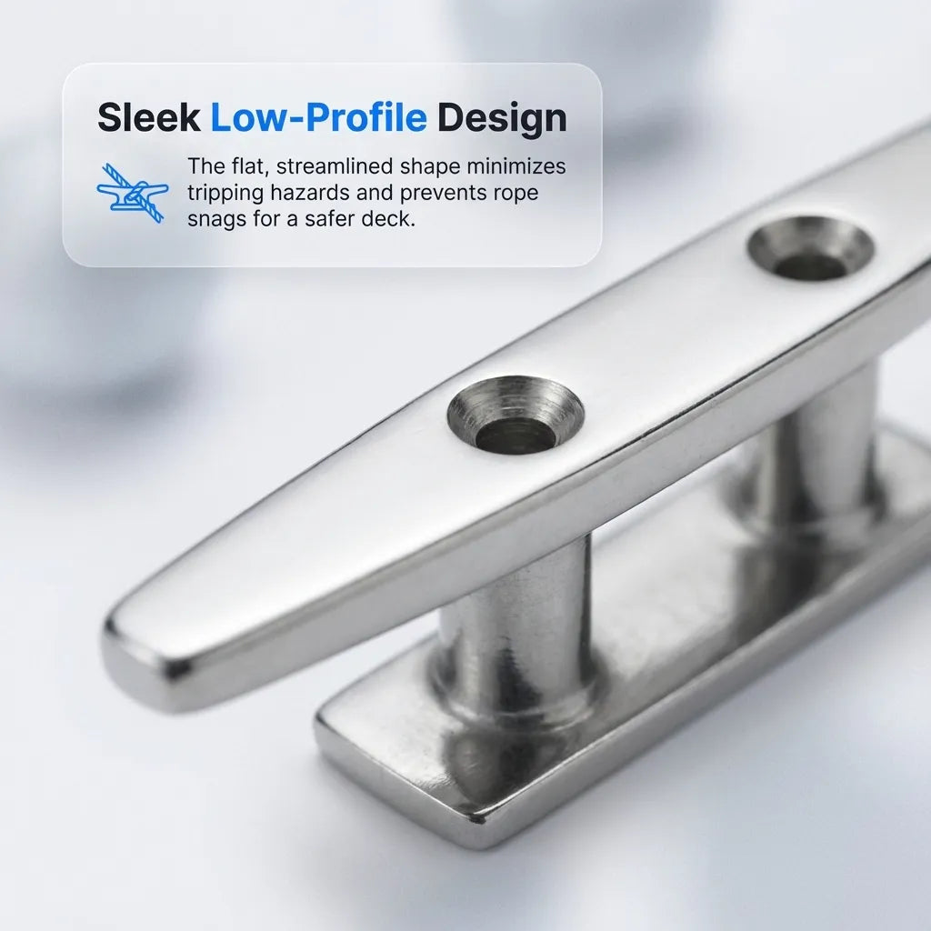 Close-up of the streamlined, low-profile design highlighting the rounded edges that prevent rope snags and tripping hazards.